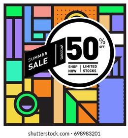 Abstract Geometric Summer poster and banner. Fashion and Travel discount and Promotion design with retro style. Vector illustration with special holiday offer.
