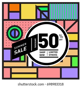 Abstract Geometric Summer poster and banner. Fashion and Travel discount and Promotion design with retro style. Vector illustration with special holiday offer.
