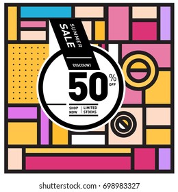 Abstract Geometric Summer poster and banner. Fashion and Travel discount and Promotion design with retro style. Vector illustration with special holiday offer.
