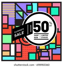 Abstract Geometric Summer poster and banner. Fashion and Travel discount and Promotion design with retro style. Vector illustration with special holiday offer.
