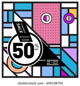 Abstract Geometric Summer poster and banner. Fashion and Travel discount and Promotion design with retro style. Vector illustration with special holiday offer.
