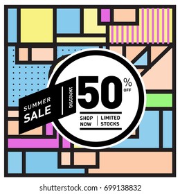 Abstract Geometric Summer poster and banner. Fashion and Travel discount and Promotion design with retro style. Vector illustration with special holiday offer.
