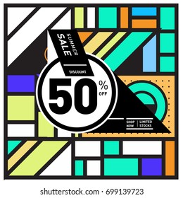 Abstract Geometric Summer poster and banner. Fashion and Travel discount and Promotion design with retro style. Vector illustration with special holiday offer.
