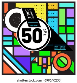 Abstract Geometric Summer poster and banner. Fashion and Travel discount and Promotion design with retro style. Vector illustration with special holiday offer.
