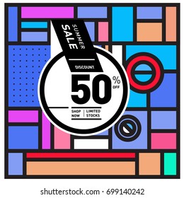 Abstract Geometric Summer poster and banner. Fashion and Travel discount and Promotion design with retro style. Vector illustration with special holiday offer.
