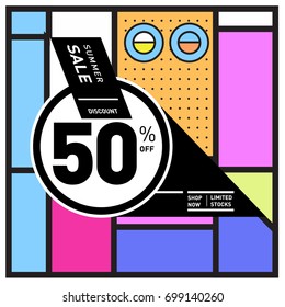 Abstract Geometric Summer poster and banner. Fashion and Travel discount and Promotion design with retro style. Vector illustration with special holiday offer.
