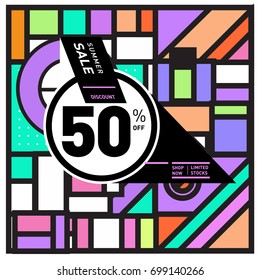 Abstract Geometric Summer poster and banner. Fashion and Travel discount and Promotion design with retro style. Vector illustration with special holiday offer.
