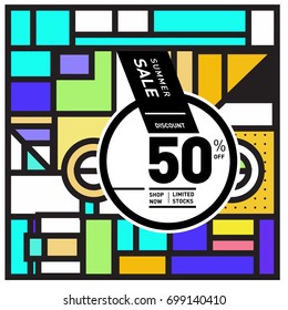 Abstract Geometric Summer poster and banner. Fashion and Travel discount and Promotion design with retro style. Vector illustration with special holiday offer.

