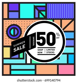 Abstract Geometric Summer poster and banner. Fashion and Travel discount and Promotion design with retro style. Vector illustration with special holiday offer.
