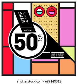 Abstract Geometric Summer poster and banner. Fashion and Travel discount and Promotion design with retro style. Vector illustration with special holiday offer.
