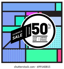 Abstract Geometric Summer poster and banner. Fashion and Travel discount and Promotion design with retro style. Vector illustration with special holiday offer.
