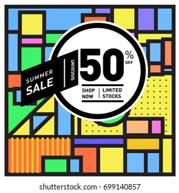 Abstract Geometric Summer poster and banner. Fashion and Travel discount and Promotion design with retro style. Vector illustration with special holiday offer.

