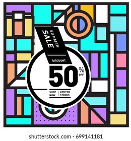 Abstract Geometric Summer poster and banner. Fashion and Travel discount and Promotion design with retro style. Vector illustration with special holiday offer.
