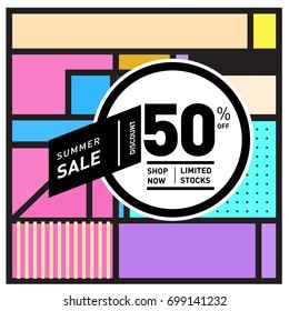 Abstract Geometric Summer poster and banner. Fashion and Travel discount and Promotion design with retro style. Vector illustration with special holiday offer.
