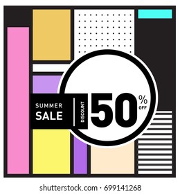 Abstract Geometric Summer poster and banner. Fashion and Travel discount and Promotion design with retro style. Vector illustration with special holiday offer.
