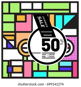 Abstract Geometric Summer poster and banner. Fashion and Travel discount and Promotion design with retro style. Vector illustration with special holiday offer.
