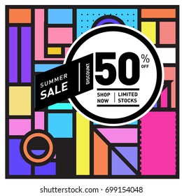 Abstract Geometric Summer poster and banner. Fashion and Travel discount and Promotion design with retro style. Vector illustration with special holiday offer.
