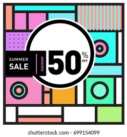 Abstract Geometric Summer poster and banner. Fashion and Travel discount and Promotion design with retro style. Vector illustration with special holiday offer.