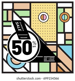 Abstract Geometric Summer poster and banner. Fashion and Travel discount and Promotion design with retro style. Vector illustration with special holiday offer.