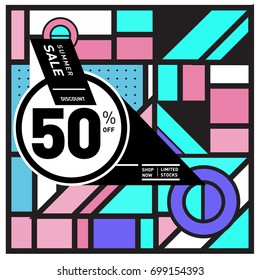 Abstract Geometric Summer poster and banner. Fashion and Travel discount and Promotion design with retro style. Vector illustration with special holiday offer.