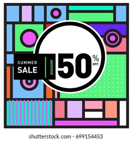 Abstract Geometric Summer poster and banner. Fashion and Travel discount and Promotion design with retro style. Vector illustration with special holiday offer.