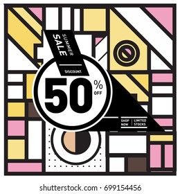 Abstract Geometric Summer poster and banner. Fashion and Travel discount and Promotion design with retro style. Vector illustration with special holiday offer.