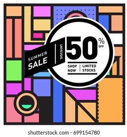 Abstract Geometric Summer poster and banner. Fashion and Travel discount and Promotion design with retro style. Vector illustration with special holiday offer.