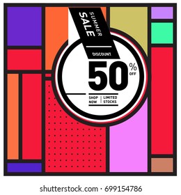 Abstract Geometric Summer poster and banner. Fashion and Travel discount and Promotion design with retro style. Vector illustration with special holiday offer.