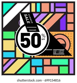 Abstract Geometric Summer poster and banner. Fashion and Travel discount and Promotion design with retro style. Vector illustration with special holiday offer.