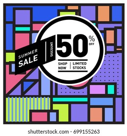 Abstract Geometric Summer poster and banner. Fashion and Travel discount and Promotion design with retro style. Vector illustration with special holiday offer.