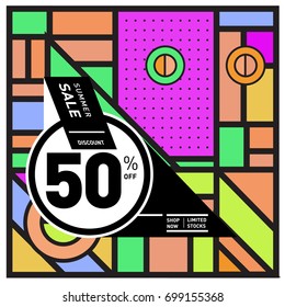Abstract Geometric Summer poster and banner. Fashion and Travel discount and Promotion design with retro style. Vector illustration with special holiday offer.