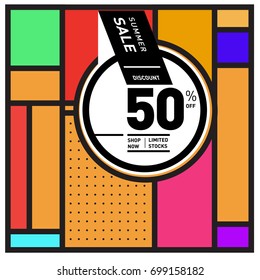 Abstract Geometric Summer poster and banner. Fashion and Travel discount and Promotion design with retro style. Vector illustration with special holiday offer.
