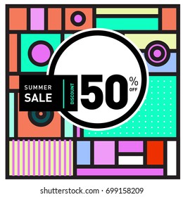 Abstract Geometric Summer poster and banner. Fashion and Travel discount and Promotion design with retro style. Vector illustration with special holiday offer.
