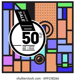 Abstract Geometric Summer poster and banner. Fashion and Travel discount and Promotion design with retro style. Vector illustration with special holiday offer.
