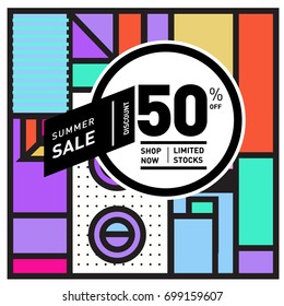 Abstract Geometric Summer poster and banner. Fashion and Travel discount and Promotion design with retro style. Vector illustration with special holiday offer.
