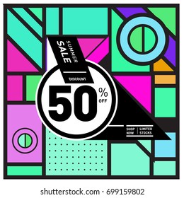 Abstract Geometric Summer poster and banner. Fashion and Travel discount and Promotion design with retro style. Vector illustration with special holiday offer.
