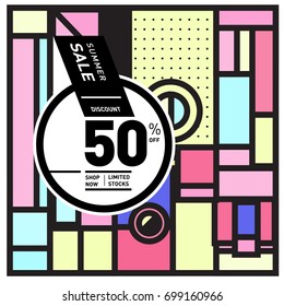 Abstract Geometric Summer poster and banner. Fashion and Travel discount and Promotion design with retro style. Vector illustration with special holiday offer.
