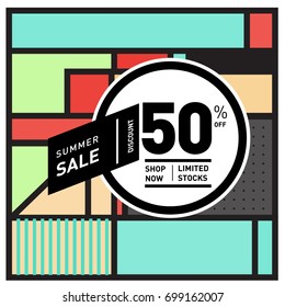 Abstract Geometric Summer poster and banner. Fashion and Travel discount and Promotion design with retro style. Vector illustration with special holiday offer.
