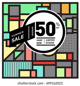 Abstract Geometric Summer poster and banner. Fashion and Travel discount and Promotion design with retro style. Vector illustration with special holiday offer.
