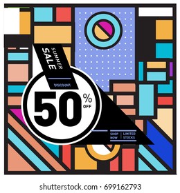 Abstract Geometric Summer poster and banner. Fashion and Travel discount and Promotion design with retro style. Vector illustration with special holiday offer.