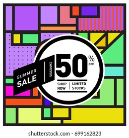 Abstract Geometric Summer poster and banner. Fashion and Travel discount and Promotion design with retro style. Vector illustration with special holiday offer.