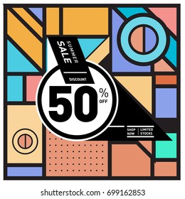 Abstract Geometric Summer poster and banner. Fashion and Travel discount and Promotion design with retro style. Vector illustration with special holiday offer.