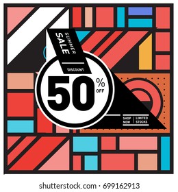 Abstract Geometric Summer poster and banner. Fashion and Travel discount and Promotion design with retro style. Vector illustration with special holiday offer.