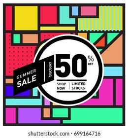 Abstract Geometric Summer poster and banner. Fashion and Travel discount and Promotion design with retro style. Vector illustration with special holiday offer.