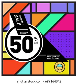 Abstract Geometric Summer poster and banner. Fashion and Travel discount and Promotion design with retro style. Vector illustration with special holiday offer.