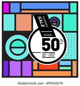 Abstract Geometric Summer poster and banner. Fashion and Travel discount and Promotion design with retro style. Vector illustration with special holiday offer.