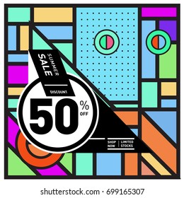 Abstract Geometric Summer poster and banner. Fashion and Travel discount and Promotion design with retro style. Vector illustration with special holiday offer.