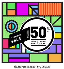 Abstract Geometric Summer poster and banner. Fashion and Travel discount and Promotion design with retro style. Vector illustration with special holiday offer.