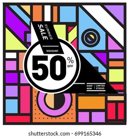 Abstract Geometric Summer poster and banner. Fashion and Travel discount and Promotion design with retro style. Vector illustration with special holiday offer.