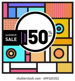 Abstract Geometric Summer poster and banner. Fashion and Travel discount and Promotion design with retro style. Vector illustration with special holiday offer.
